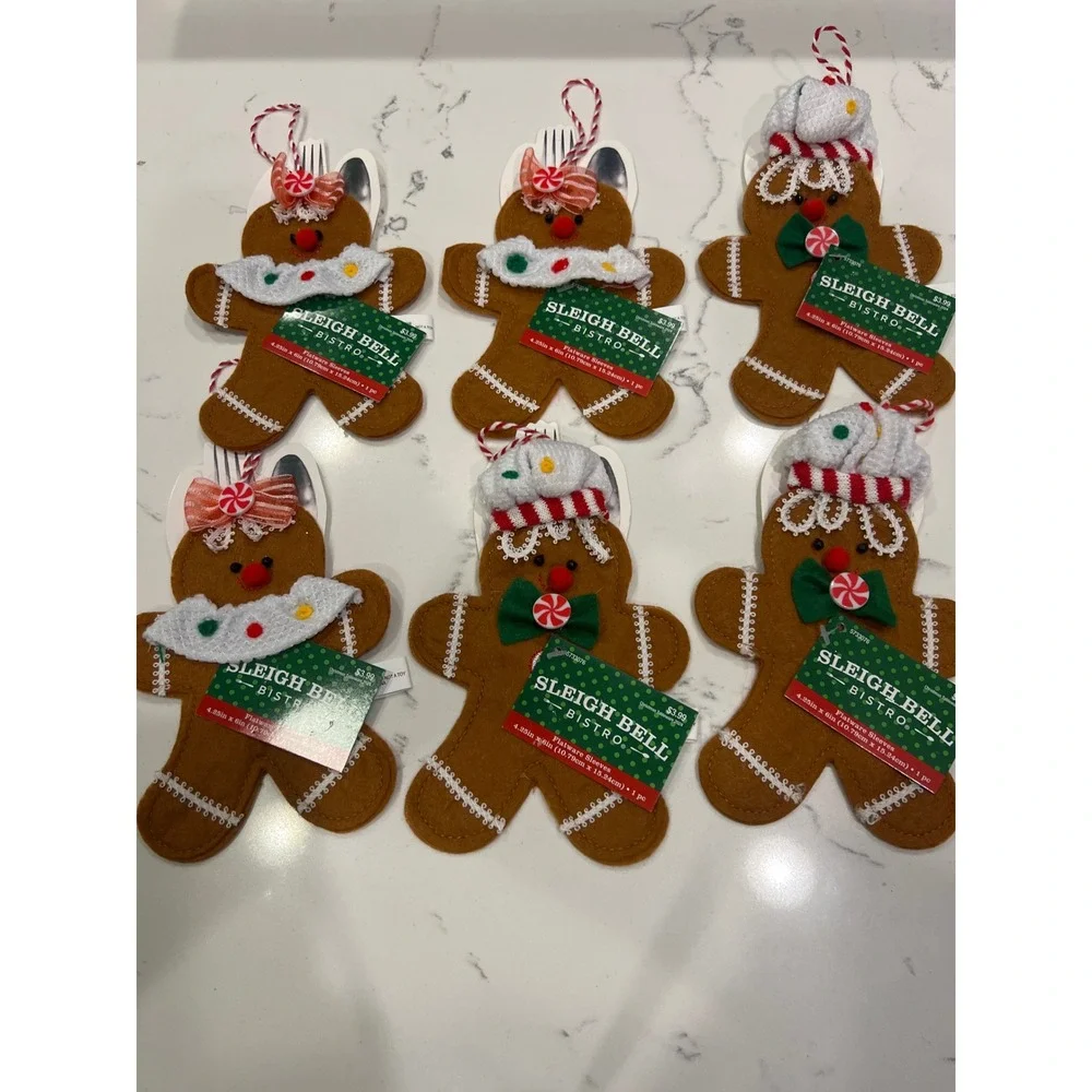 Set of 6 Sleigh Bell Bistro Gingerbread Flatware Sleeves Christmas Ornaments NEW